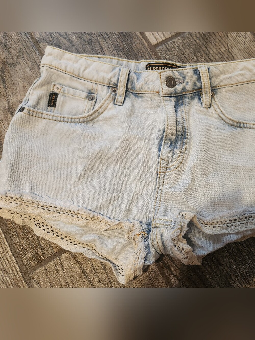 Super Dry light wash lace trim stretch cotton denim jean shorts